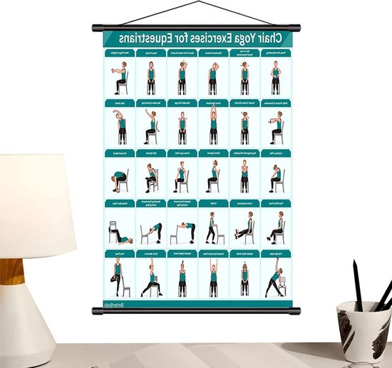 Yoga Stoel Kaart - Oefenposter Senioren - Thuis Fitness - Meer dan 30 Houdingen - 40 x 60 cm - Blauw