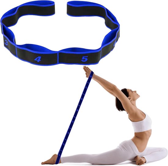 Yoga Strap - Yoga Stretch Strap - Hoge elastische yoga stretch strap - Lichaamsvormend elastisch touw - Met 8 ringen - Hulpmiddel voor houdingstraining - Voor stretch strap, fysiotherapie, yoga, dans, flexibiliteitstraining - 90x4cm - Blauw zwart van Merkloos