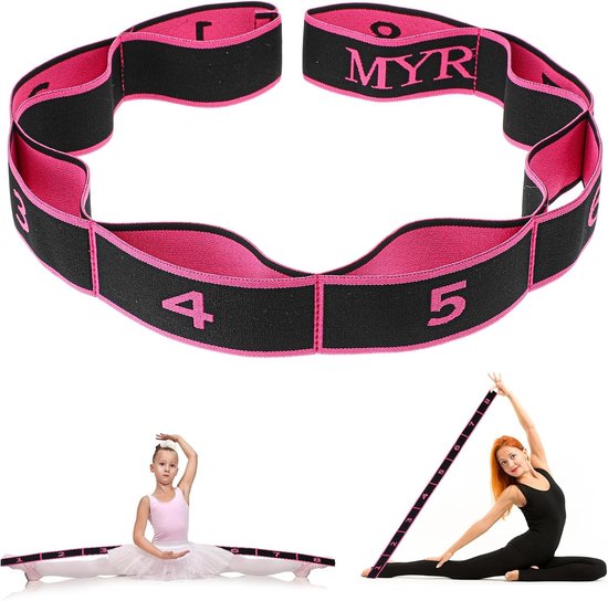Yoga Stretch Band met 8 Loops - Elastische Fitness Band voor Pilates, Dans en Gymnastiek - Effectieve Rek- en Flexibiliteitsoefeningen (Zwart-Roze)