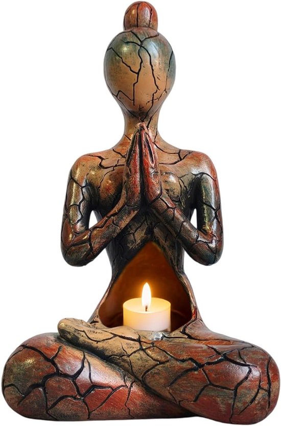 Yogabeeld - Meditatie sculptuur - Rustgevende sfeer - Geïntegreerde kandelaar - 12 x 20 cm - Harskleur