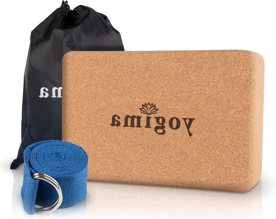 Yogablok kurk incl. yogariem 183 cm voor stretchoefeningen - antislip natuurlijk kurkblok - yoga pilates fitness - dames heren van Luvion