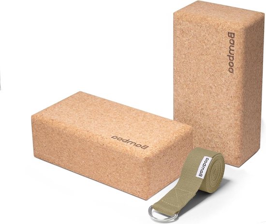 Yogablok natuurkurk met yogariem set voor yoga-pilates beginners-gevorderden antislip stabiel licht van Muscle Power