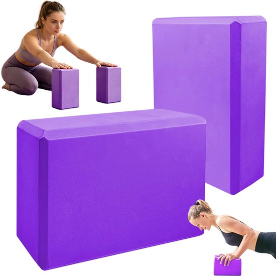 Yogablokken Set - Yoga Blocks - 2 Stuks - Ronde Hoeken - EVA - 23x15x8 cm - Thuis Yoga Oefeningen - Duurzaam & Antislip - Yoga en Pilates - Voor Hoofd, Rug en Heupen - Paars