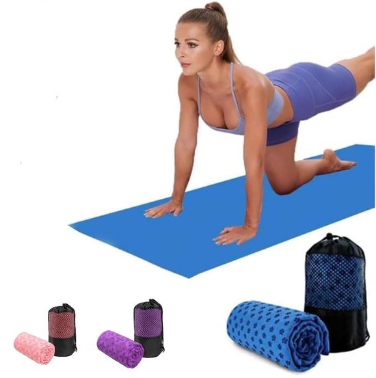 Yogahanddoek - Vochtregulerend en antislip - Yogahanddoek - Sneldrogende yogamatstof - Ademende yogamat met opbergtas van mesh - Geschikt voor hot yoga, pilates en fitness - Blauw
