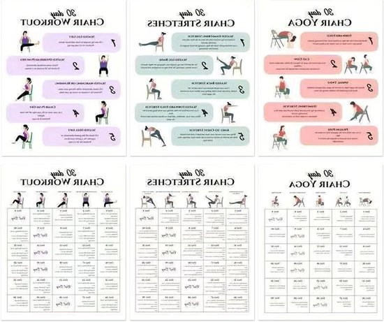 Yogahoudingen Poster Set - Stoelyoga Kaarten - Fitness Oefenen - Beginner Vriendelijk - 6 Stuks - Meerdere Kleuren