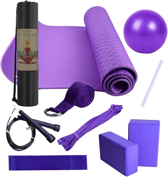 Yogakit voor beginners - Fitness set - Thuis trainen - Antislip mat - 183x61cm - Paars