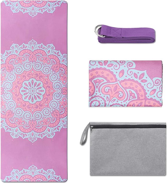 Yogamat, 1 & 1,5 mm, opvouwbare reismat, dun, licht, ecologische yogahanddoek, wasbaar, met draagtas, draagriem, draagbaar, fitnessmat, imitatie suède en natuurlijk rubber, yogamat voor hot van Yogamat