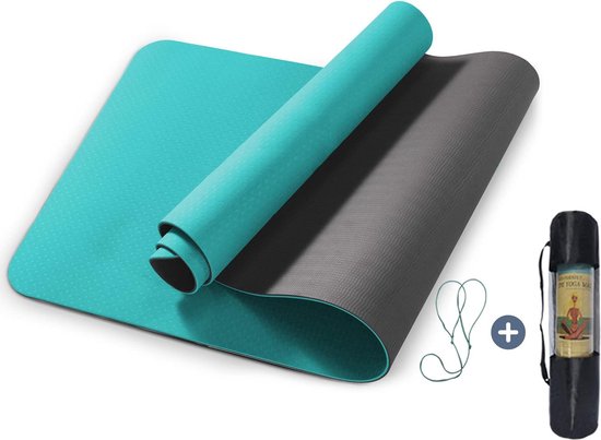 Yogamat - Fitnessmat Pilates - Thuis Sporten - Dubbel Antislip - 183 x 61 cm - Turquoise Zwart
