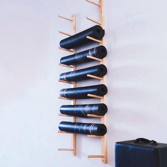 Yogamat Houder - Opbergrek Matten - Sportspullen Organiseren - Massief Houten Constructie - 9 Lagen 156 cm - Houtkleur