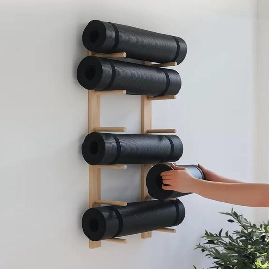 Yogamat Houder - Opbergrek Wandmontage - Home Gym Organiseren - Stijlvol Ruimtebesparend - 3 Lagen 55cm - Houtkleur