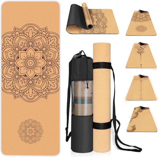 Yogamat, kurk, antislip, uniek design, extra dik, natuurlijke kurk, TPE-fitnessmat met draagtas en riem, voor thuis, pilates, aerobics sportschool en workout van Yogamat