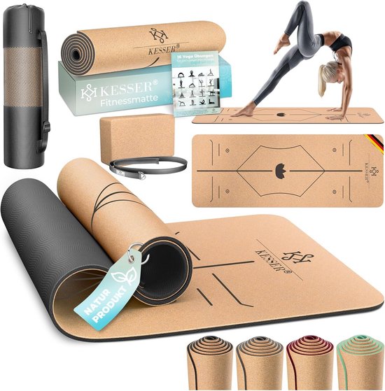 Yogamat Kurk - Fitnessmat Gymnastiekmat - Sport en Ontspanning - Antislip Lijnensysteem - 183 x 62 cm - Antraciet
