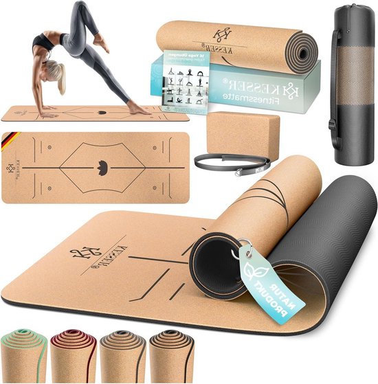 Yogamat Kurk - Fitnessmat Gymnastiekmat - Sport en Ontspanning - Uniek Lijnensysteem - 183 x 62 cm - Antraciet van Yogamat