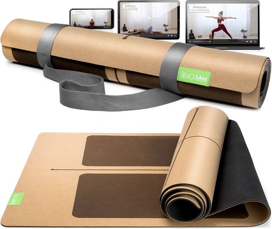 Yogamat, kurk met natuurlijk rubber, FAZ testwinnaar 03/2024, duurzaam, vrij van schadelijke stoffen, yogamat, antislip, fitnessmat met antislipzones incl. draagriem, turnmat van Merkloos