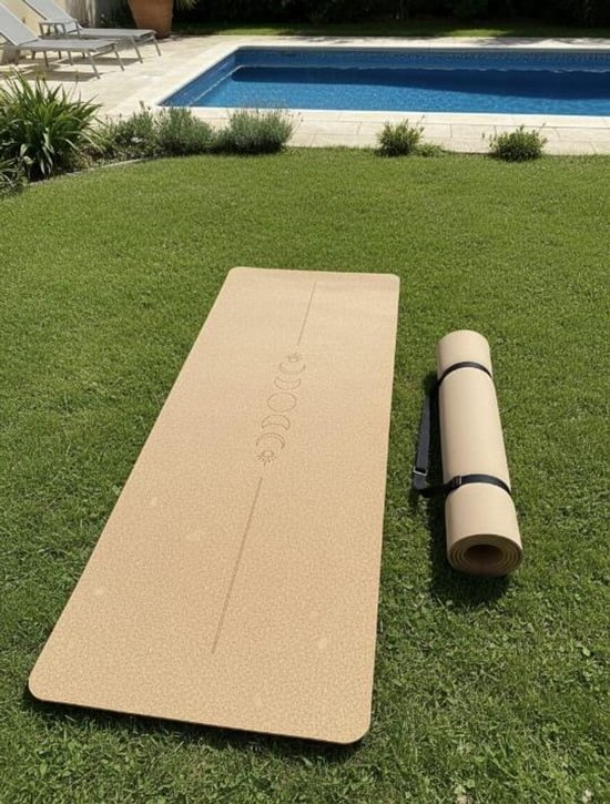 yogamat - Kurk Yogamat MAAN – Antislip –Milieuvriendelijk met TPE-Onderlaag –183×61,5×0,5 cm –Voor Yoga, Pilates, Spirituele Momenten, Ontspanning en Fitness–Inclusief Gratis Draagriem–Lichtgewicht, Duurzaam en met Gerecyclede Verpakking/ MAAN van Merkloos