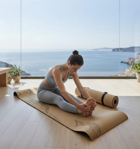 Yogamat -Kurk Yogamat Olifant – Antislip – Milieuvriendelijk met TPE-Onderlaag – 183×61,5×0,5 cm –Voor Yoga, Pilates, Spirituele Momenten, Ontspanning en Fitness–Inclusief Gratis Draagriem–Lichtgewicht, Duurzaam en met Gerecyclede Verpakking/ OlIfant van Merkloos