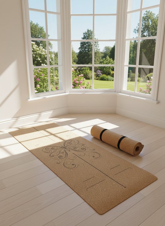 Yogamat- Kurk Yogamat VLINDER– Antislip – Milieuvriendelijk met TPE-Onderlaag – 183×61,5×0,5 cm –Voor Yoga, Pilates, Spirituele Momenten, Ontspanning en Fitness–Inclusief Gratis Draagriem–Lichtgewicht, Duurzaam en met Gerecyclede Verpakking/VLINDERr van Merkloos