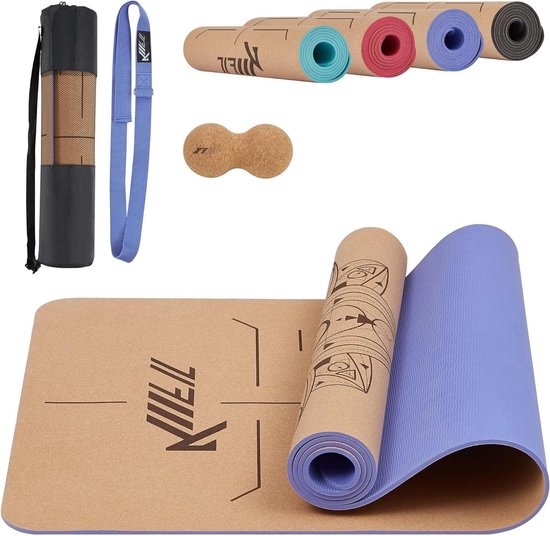 Yogamat met accessoires - Sportmat Fitnessmat - Thuis sporten - Inclusief draagtas riem bal - 183x61x05 cm - Paars