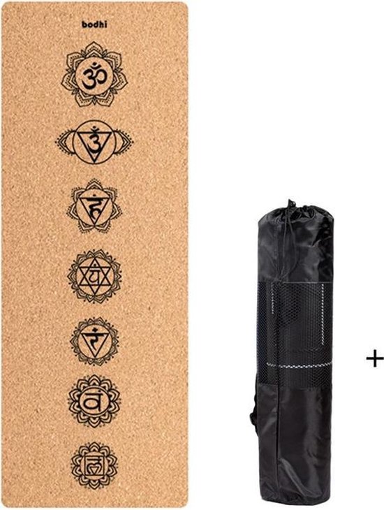 Yogamat met chakras opdruk - kurk en zwart rubber - Extra dik en breed van Merkloos