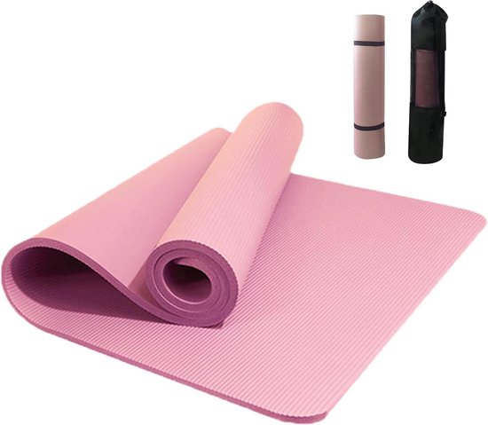 Yogamat met Tas - Fitnessmat Oefenmat - Thuis Sporten - 15 mm Dikke Demping - 185 x 61 cm - Roze