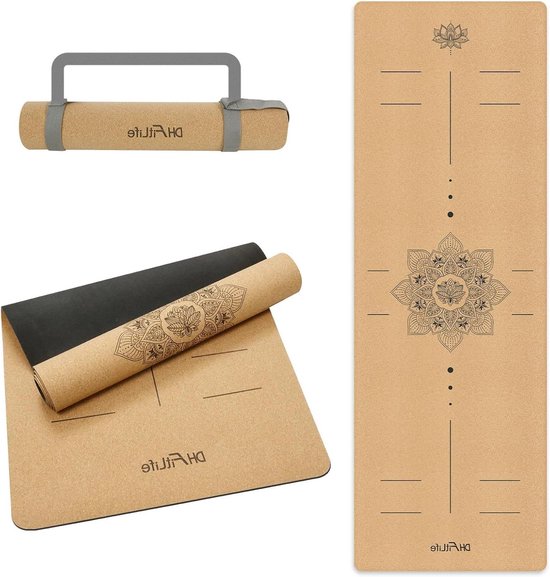Yogamat Natuurlijk Rubber - Fitness Mat - Thuis Sporten - Antislip Kurk Oppervlak - 183 x 63 cm - Natuurlijke Kleur