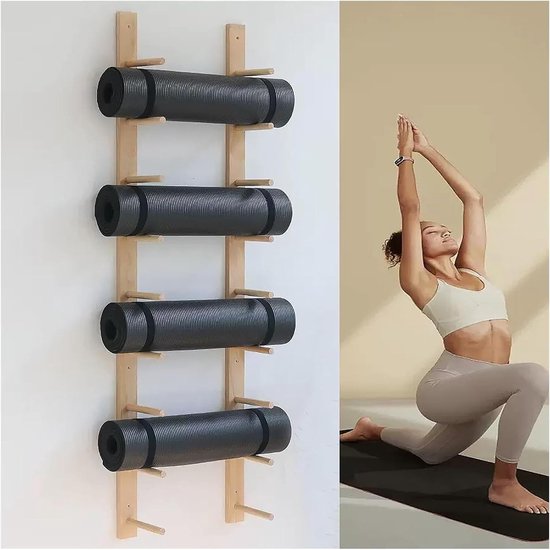 Yogamat Opbergrek - Mattenhouder Plank - Sportruimte Organiseren - Massief Houten Frame - Houdt 6/9 Matten - Houtkleur