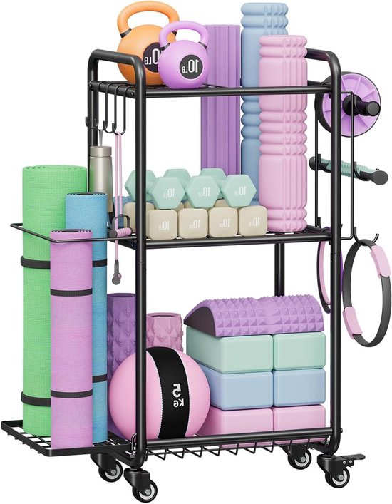 Yogamat opbergrekken, Jusgym Home Gym opbergrek voor halters, kettlebells, schuimroller, gymorganizer met haken en wielen van Yogamat