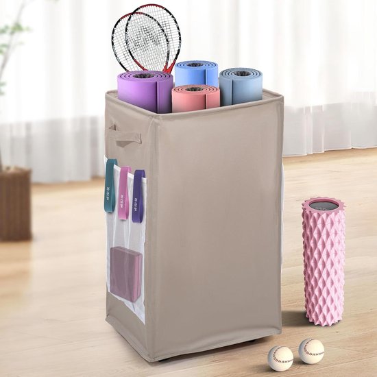 Yogamat opbergrekken, opbergrek voor thuisgymnastiek met wielen, yogamathouder aan de zijkant 2 gaasvakken, yogamand voor 4 yogamatten, 2 schuimrollers, 6 weerstandsbanden (kaki)