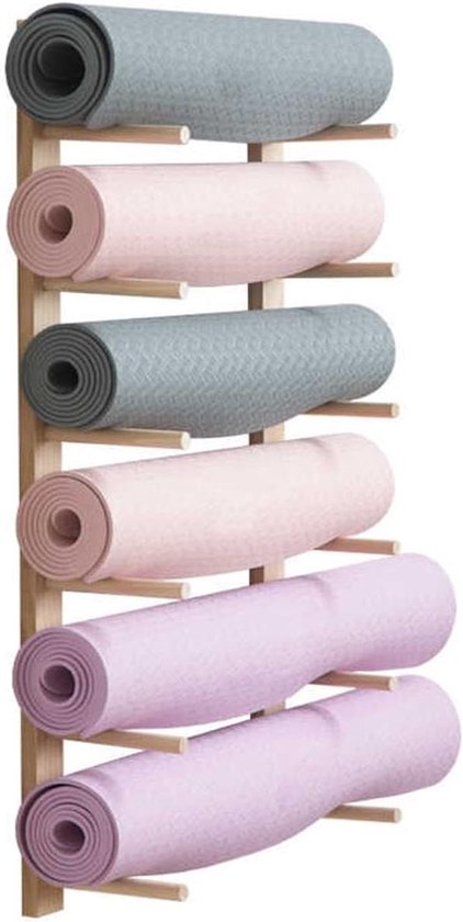 Yogamat Opbergstandaard - Mat Houder - Sportruimte Organiseren - Duurzame Houten Constructie - 6 Lagen - Houtkleur