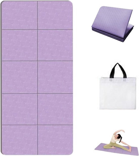 Yogamat - Opvouwbare, verdikte oefenmat - Inclusief opbergtas - Antislip en schokabsorberende fitnessmat - 185 cm x 90 cm - Fitnessmat - Paars - Geschikt voor stretchen, gewichtheffen, touwtjespringen en andere oefeningen. van Merkloos