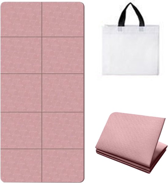 Yogamat - Opvouwbare, verdikte oefenmat - Inclusief opbergtas - Antislip en schokabsorberende fitnessmat - 185 cm x 90 cm - Fitnessmat - Roze - Geschikt voor stretchen, gewichtheffen, touwtjespringen en andere oefeningen. van Merkloos