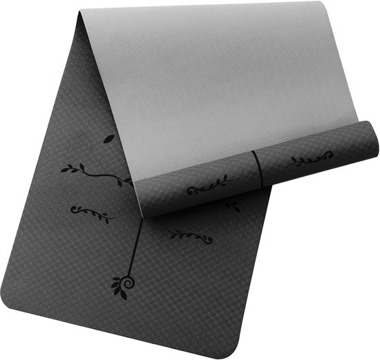 Yogamat Oriëntatie - Fitness Pilates Mat - Sporten Thuis - Antislip TPE Materiaal - 183x61x0.6cm - Zwart Grijs