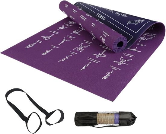 Yogamat - Pilatesmat Oefenmat - Thuis Sporten - Geïntegreerde Poses Gids - 173 x 61 cm - Paars Blauw