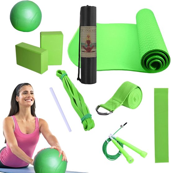 Yogamat Set - Pilates Mat - Thuis Fitness - Inclusief Accessoires - 183x61cm - Groen