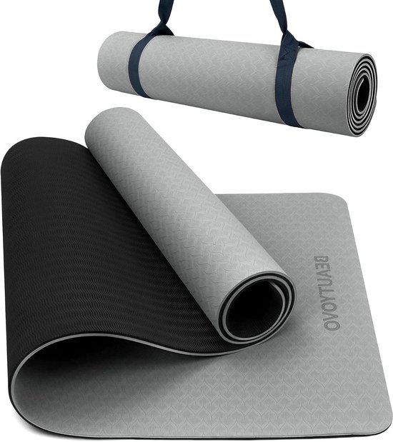 Yogamat - Sportmat Fitnessmat - Thuis Trainen - Antislip Textuur - 183x62 cm - Zwart Grijs
