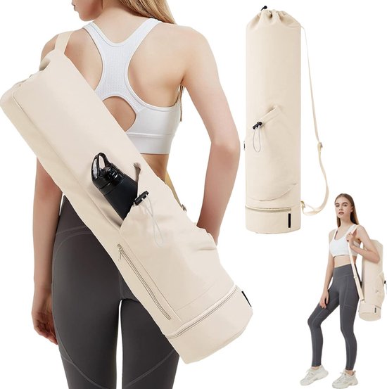 Yogamat Tas - Yogatas met Trekkoord en Opbergvakje - Yoga Bag - Fitness Tas - Sporttas - Pilates Tas - Waterproof - Universeel - Gymnastiekmat Tas - Schoudertas - Multifunctionele Opbergtas - Voorzien van Draagriem - Wit van Merkloos