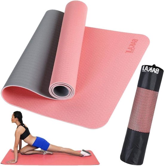 Yogamat TPE - Fitnessmat Oefenmat - Training Thuis - Dubbel Antislip Oppervlak - 180 x 61 cm - Roze Grijs
