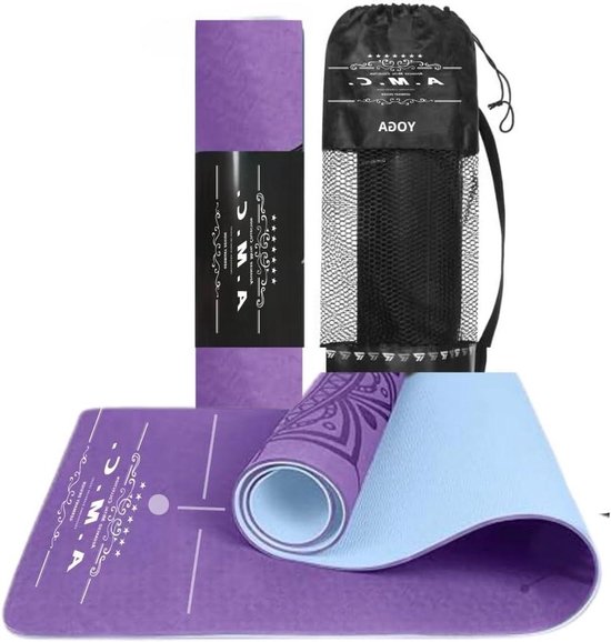 Yogamat TPE - Fitnessmat Training - Thuis Sporten - Dubbel Antislip Oppervlak - 180x61 cm - Paars van Yogamat
