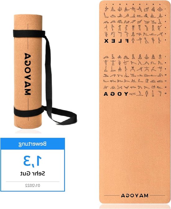 Yogamat van kurk - extra draagriem - stretch- en yoga-oefeningen - testwinnaar 01/2022 - cijfer 13 - perfecte kurk yogamat 6 mm dikte 183 x 61 x 06 cm Yogamat van Yogamat