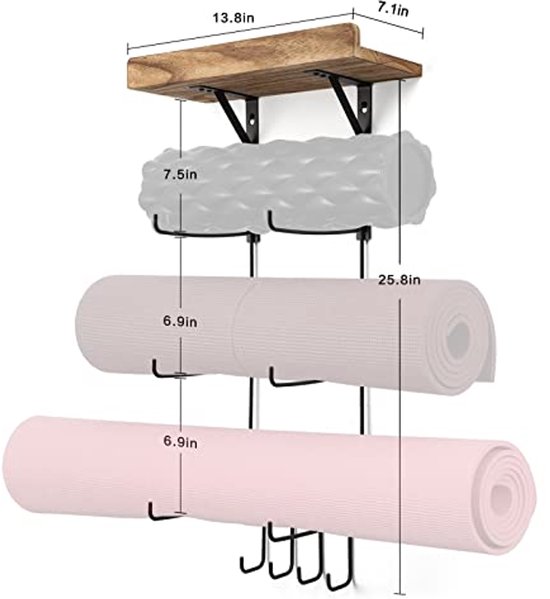 Yogamat Wandmontage 2-Pack met Houten Planken en Haken voor Fitnessaccessoires