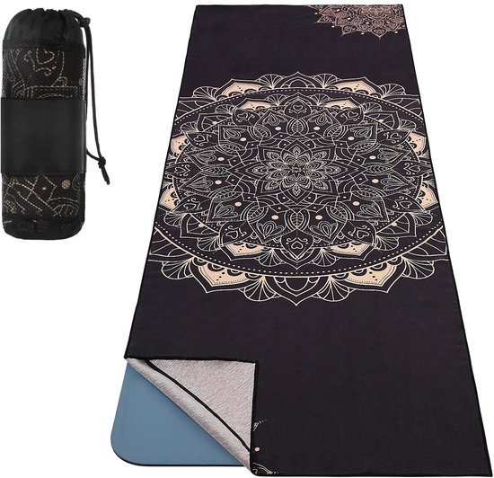 Yogamat, yoga-deken, afdrukpatroon, sneldrogend, met hoekzak voor bikram, pilates, gym, training, outdoor picknick, zwart goud