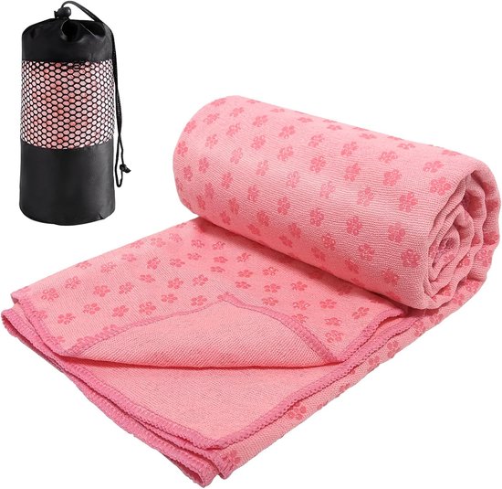 Yogamathoes - Yogamat - Fitness mat - Sport mat - Yogamat handdoek - Yogahanddoek - Sporthanddoeken - antislip - met mesh draagtas - sneldrogende - draagbare - ademende yogamat handdoek - voor fitnesstraining, pilates en fitness - 183*63 cm - roze van Merkloos