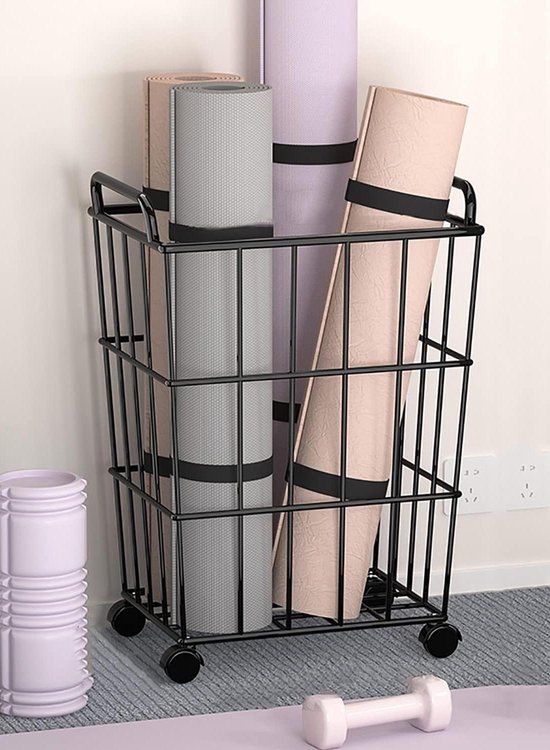 Yogamathouder - Gymnastiekmand Organizer - Fitnessruimte Opbergen - Met Wielen en Handvat - 38 x 28 x 54 cm - Zwart