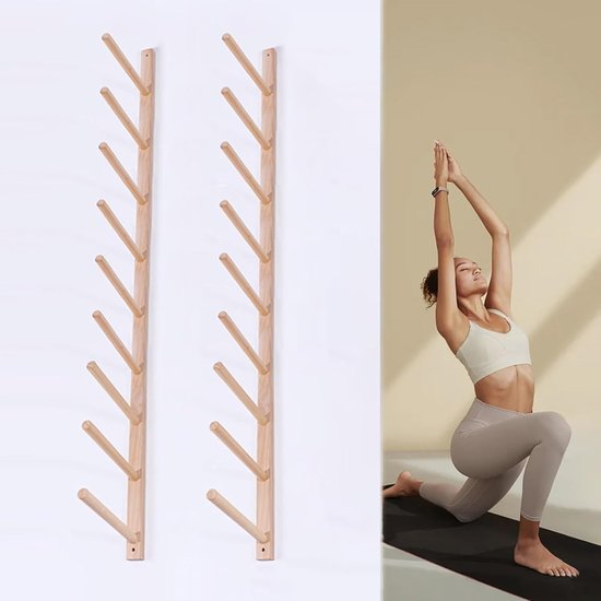 Yogamathouder Houten - Fitnessrek Wandmontage - Sportspullen Opbergen - Ruimtebesparend Verticaal - Tot 158cm - Houtkleur