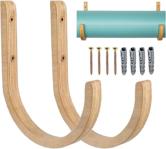 Yogamathouder - Mat organizer - Fitness opslag - Ruimtebesparend haakontwerp - 28 x 14 x 14 cm - Houtkleur
