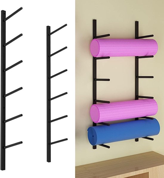 Yogamathouder Muur - Mattenrek Fitness - Ruimte Organiseren - Voor 6 Yogamatten - 18 cm Diep - Zwart