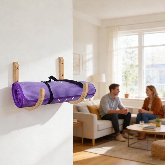 Yogamathouder Wandhouder - Fitness Organizer - Sportruimte Inrichten - Massief Houten Constructie - 28 x 14 x 14 cm - Houtkleur