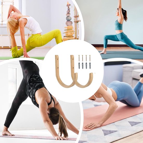 Yogamathouder Wandhouder - Fitness Organizer - Sportruimte Inrichten - Massief Houten Constructie - 28 x 14 x 14 cm - Houtkleur