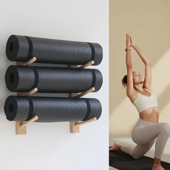 Yogamathouder Wandmontage - Fitness Organizer - Opbergen Sportspullen - Massief Hout - 3 Lagen 55 cm - Houtkleur