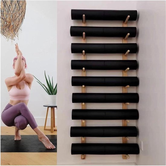 Yogamathouder Wandmontage - Opbergrek Gym - Thuis Gym Opslag - Stijlvol Ruimtebesparend - 9 Lagen 156 cm - Houtkleurig